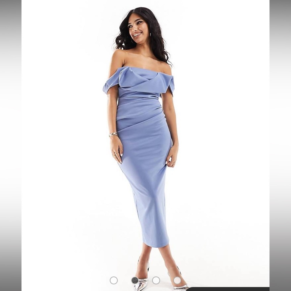 ASOS Design square neck pleat bust midi pencil dress in blue